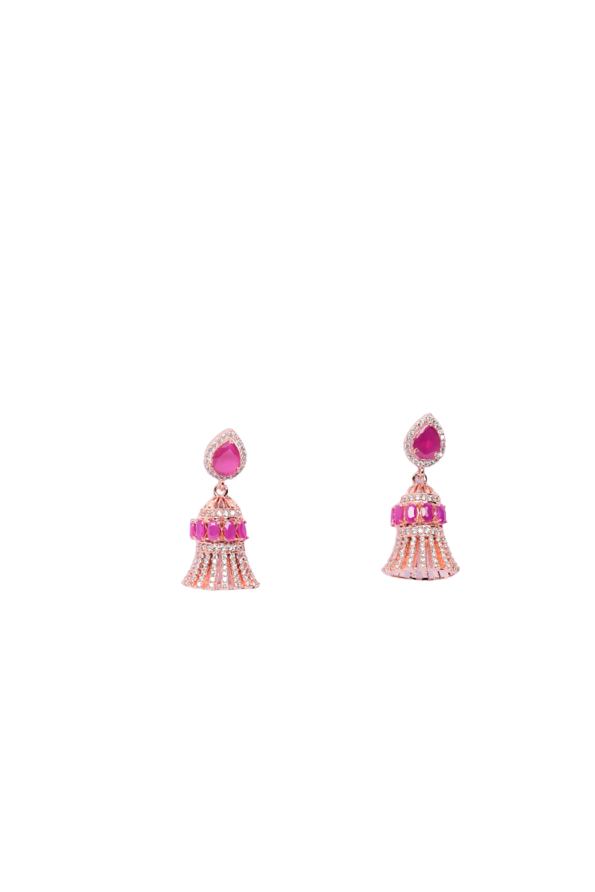 Namokriti Rose Gold-Toned Teardrop Jhumka Earrings – Beautifully Embellished with Dark Pink stone & cubic zircoin stone for Classic Elegance
